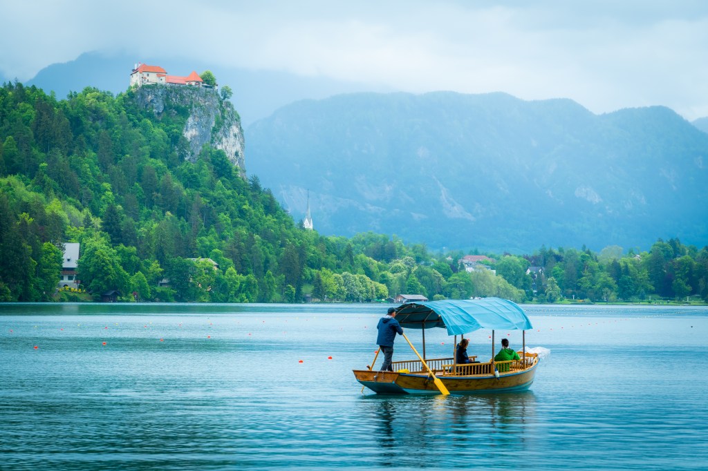 Lake Bled, Slovenia, with Bled Castle above.